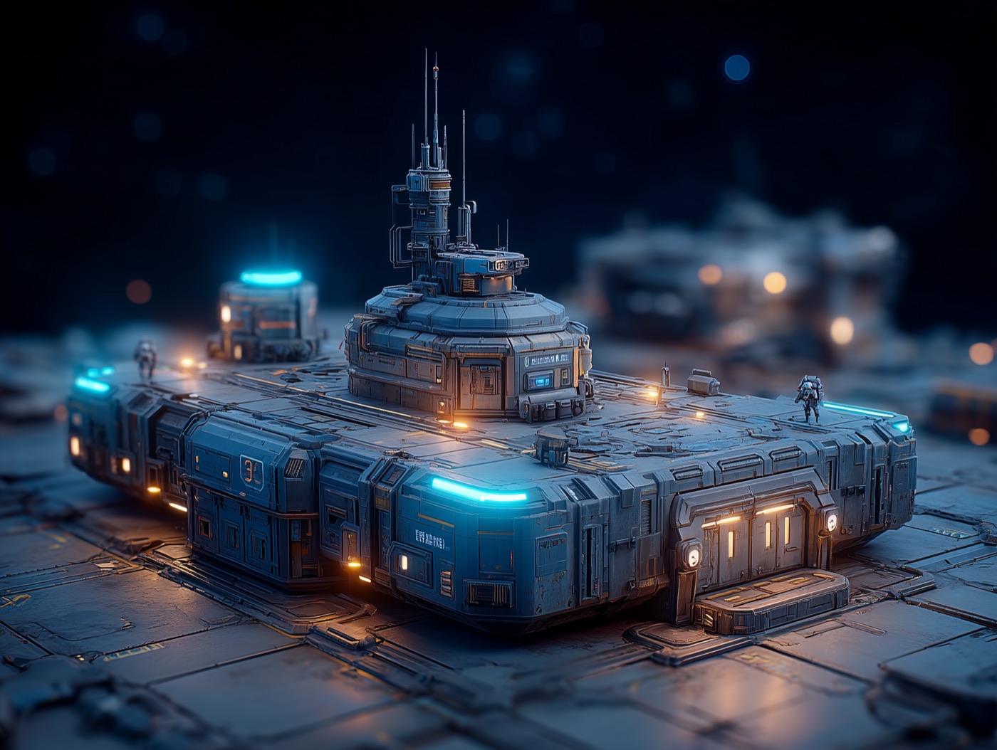 An Azure Corps base on the asteroid surface, lit in blue.