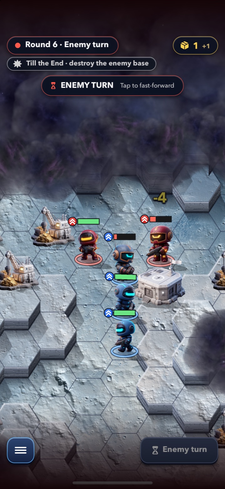 A battle in Void Asteroid: red and blue squads trade fire across the hex terrain around an outpost.