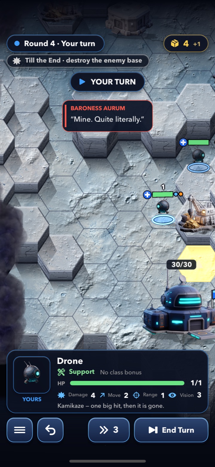 Baroness Aurum taunts the player mid-battle while a Drone is selected.