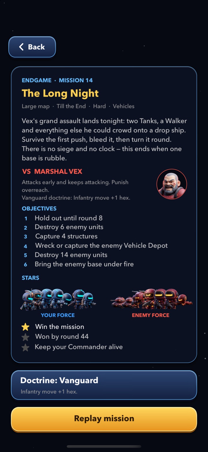 The briefing for The Long Night: Marshal Vex, six objectives and three star goals.