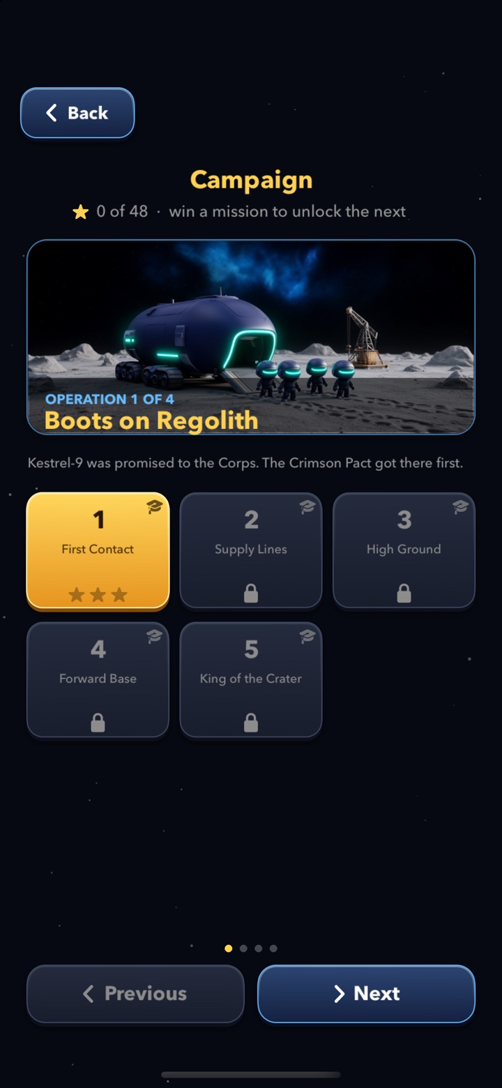 The campaign screen: Operation 1, Boots on Regolith, with its banner art and five mission tiles.