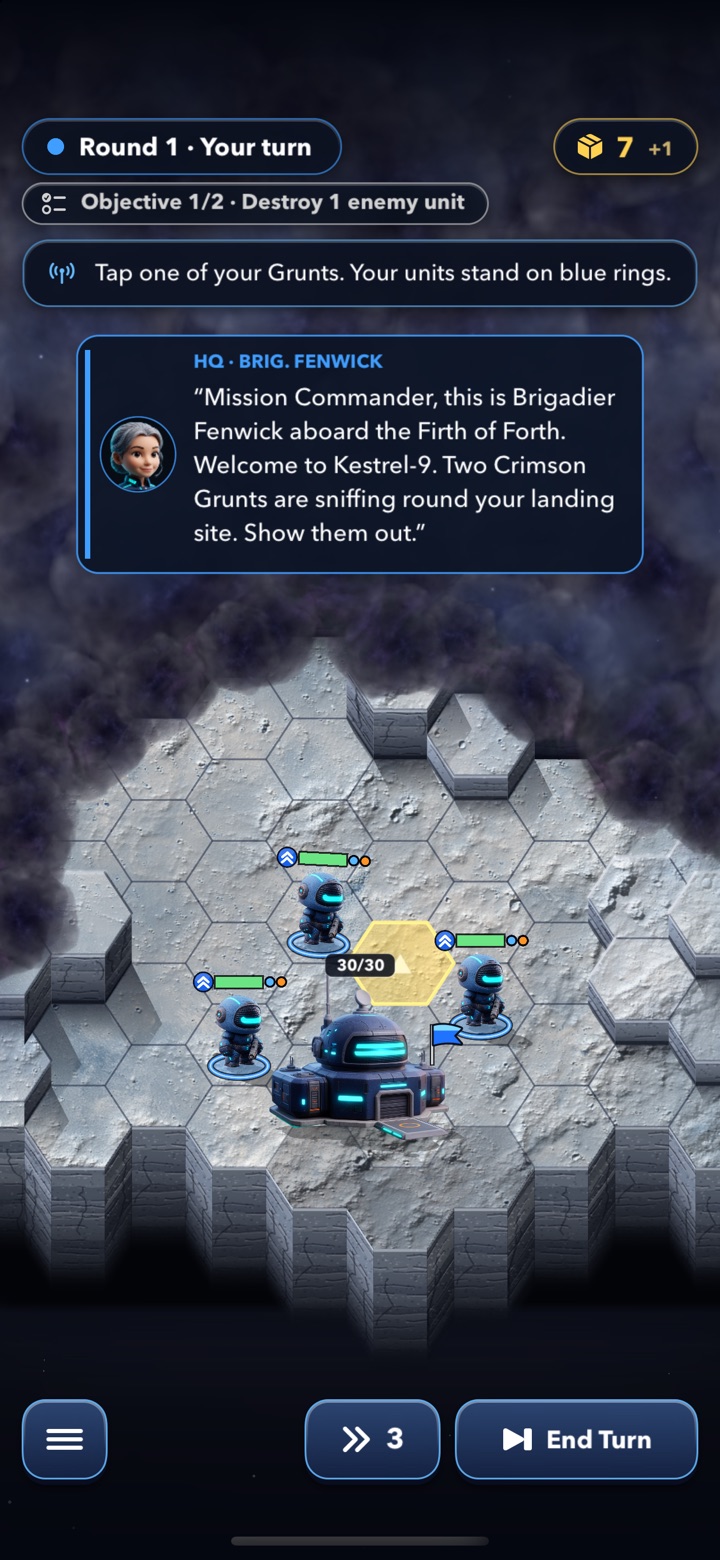 Mission 1 opens: Brigadier Fenwick radios the player while the tutorial asks them to tap a Grunt.